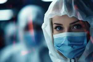 ai généré portrait caucasien femme médecin scientifique virologue dans chimique protection uniforme et masques dans laboratoire et à la recherche à caméra, copie espace photo