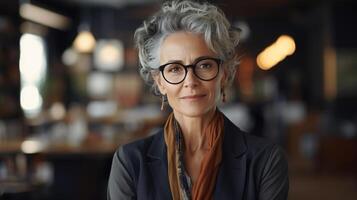 ai généré affaires élégant élégant personnes âgées femme avec gris coiffure portant des lunettes et à la recherche à caméra à l'intérieur. femelle Sénior portrait, exécutif ou entrepreneur photo