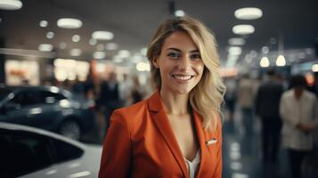 ai généré positif jolie Jeune femme à une voiture exposition à l'intérieur photo