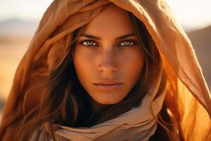 ai généré portrait de une femme dans un Orange foulard et magnifique yeux en plein air, femelle modèle dans désert photo