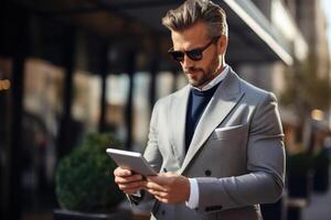 ai généré Beau élégant homme dans costume et des lunettes de soleil en utilisant tablette dans affaires district, homme d'affaire travail en ligne en plein air à la recherche dans gadget photo