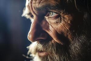 ai généré Masculin portrait, Sénior barbu vieux homme avec gris cheveux à la recherche loin. côté voir, fermer, spectaculaire lumière photo