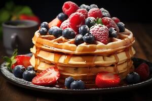 ai généré fermer de délicieux Frais viennois gaufres avec sirop et fruit baies sur assiette sur table à l'intérieur chambre, petit déjeuner photo