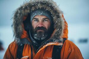 ai généré portrait de sérieux adulte Masculin voyageur dans nord. barbu homme polaire explorateur dans capuche à la recherche à caméra sur hiver neigeux du froid journée en plein air, randonnée photo