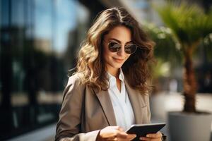 ai généré gens et technologie. souriant affaires élégant femme en utilisant tablette en plein air, femme d'affaires dans costume travail en ligne à la recherche à gadget sur rue mode de vie photo