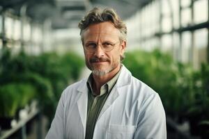 ai généré adulte intelligent Masculin scientifique agriculteur dans des lunettes et blanc manteau permanent dans serre et à la recherche à caméra. agriculture et science photo