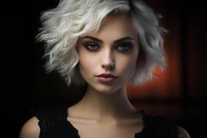 ai généré mode, beauté, cosmétologie concept. portrait de magnifique élégant Jeune blond femme avec maquillage et avec court la Coupe de cheveux sur foncé Contexte à la recherche à caméra photo