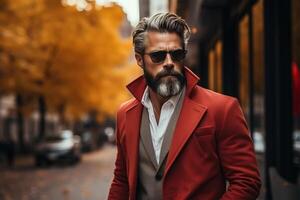 ai généré portrait de brutal élégant âge moyen Masculin modèle portant mode des lunettes et rouge manteau sur ville rue sur l'automne journée à la recherche loin, mode de vie photo
