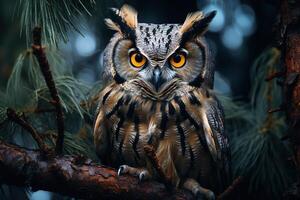 ai généré duveteux magnifique hibou oiseau séance sur branche dans forêt et à la recherche à caméra photo