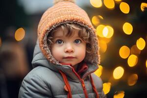 ai généré Noël enfant portrait, mignonne caucasien bébé fille dans vêtements d'extérieur sur Contexte de décoré Noël arbre bokeh en plein air photo