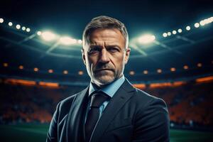 ai généré portrait de une Beau sérieux âge moyen homme Football entraîneur directeur dans une costume permanent à stade photo