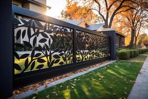ai généré côté vue de magnifique le fer clôture décoré avec modèle de feuillage sur l'automne journée extérieur, la perspective photo