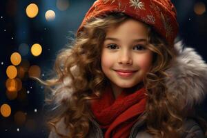 ai généré puéril Noël portrait de souriant mignonne bébé frisé fille dans de fête rouge chapeau en plein air sur hiver soir photo