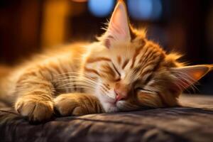 ai généré fermer gingembre chaton en train de dormir sur le canapé, mignonne animal de compagnie repos à l'intérieur photo
