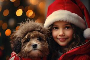 ai généré souriant mignonne bébé fille dans de fête rouge chapeau étreindre animal de compagnie chien sur Noël Contexte photo