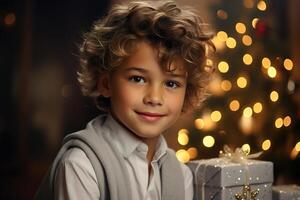 ai généré Noël enfant portrait souriant mignonne peu frisé garçon contre toile de fond de guirlandes, décoré Noël arbre et cadeau à l'intérieur à la recherche à caméra photo