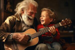 ai généré en riant grand-père enseignement petit fils à jouer acoustique guitare, peu garçon et vieux homme en jouant guitare ensemble à l'intérieur photo