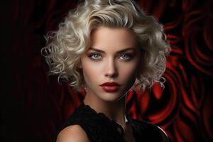 ai généré se maquiller, mode beauté portrait élégant esthétique femme caucasien modèle blond à la recherche à caméra sur rouge tourbillonnant Contexte photo
