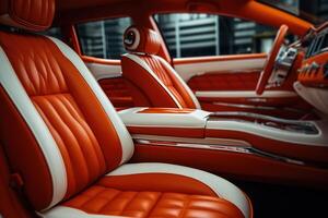 ai généré moderne Orange intérieur de le voiture à l'intérieur, fermer de le siège. côté voir, sélectif concentrer photo