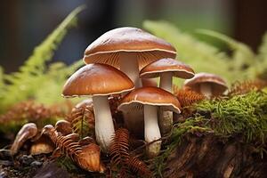 ai généré comestible champignons croissance dans forêt, fermer photo