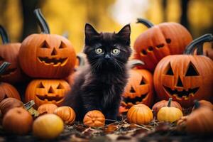 ai généré Halloween noir chaton et Orange décoré citrouilles dans l'automne forêt. marrant duveteux animal de compagnie en plein air à la recherche à caméra photo