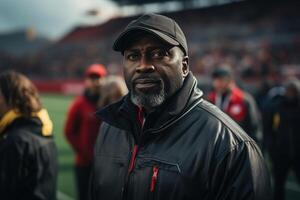 ai généré portrait de un adulte africain américain Masculin Football entraîneur dans veste et casquette, des sports instructeur photo