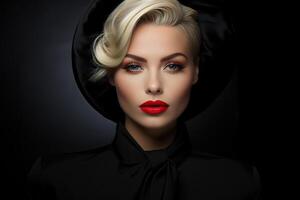 ai généré portrait de magnifique élégant caucasien blond femme avec maquillage et rouge rouge à lèvres portant noir chapeau sur foncé Contexte à la recherche à caméra photo