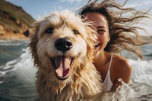 ai généré content femme nager dans mer avec duveteux blanc chien, positif femme et humide animal de compagnie en plein air. sélectif concentrer sur marrant animal photo