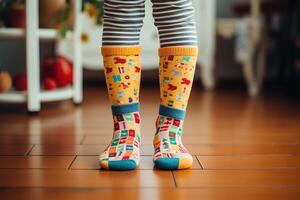 ai généré impair chaussettes jour, contre le harcèlement la semaine social concept. enfant portant marrant enfants humoristique chaussettes à l'intérieur, fermer de pieds photo