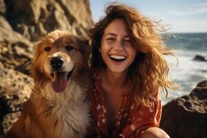 ai généré positif Jeune femme avec chien à mer, portrait de souriant femme avec duveteux animal de compagnie en plein air sur ensoleillé journée photo