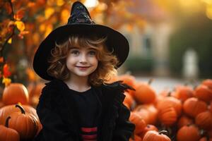 ai généré Halloween vacances concept, mignonne caucasien fille dans sorcière costume et noir chapeau avec citrouilles sur rue sur l'automne journée photo