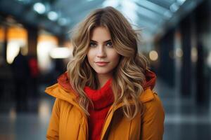 ai généré magnifique jolie caucasien Jeune femme dans vêtements d'extérieur à l'intérieur, femme portant tricoté chandail et Orange veste à la recherche à caméra photo