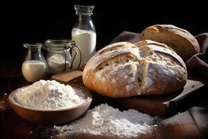 ai généré fraîchement cuit pain sur farine, un ingrédient sur une en bois tableau. nourriture encore la vie photo