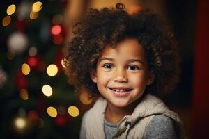 ai généré souriant mignonne africain américain enfant dans de face de décoré Noël arbre guirlande à l'intérieur, Noël portrait photo