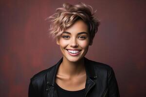 ai généré positif en riant élégant femme avec court la Coupe de cheveux, coiffure, maquillage et dans une cuir veste souriant à la recherche à caméra, décontractée femelle portrait photo