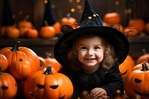 ai généré Halloween vacances concept, enfant portrait de content marrant fille dans sorcière costume avec décoré citrouilles et à la recherche à caméra photo