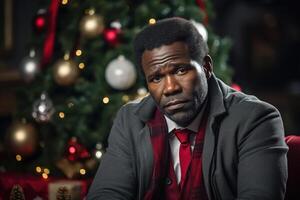 ai généré solitaire dérangé adulte africain américain homme célébrer Noël seul à maison. portrait de triste homme séance à Accueil contre Contexte de décoré Noël arbre et à la recherche à caméra, photo