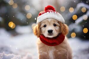 ai généré chien Noël. mignonne de race chiot dans une tricoté rouge chapeau et écharpe séance sur une hiver journée dans la nature photo