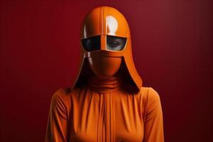 ai généré de face vue de une sans visage femme dans un Orange mode costume avec une casque photo