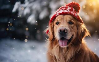 ai généré de race magnifique chien dans une chaud tricoté rouge chapeau séance dans une neigeux forêt dans la nature. portrait de un animal dans nature, copie espace photo