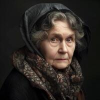 ai généré portrait de personnes âgées femme en regardant, isolé sur foncé Contexte. photo