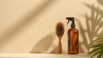 ai généré élégant soin des cheveux essentiel. ambre vaporisateur bouteille et en bois brosse ensemble photo