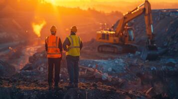 ai généré d'or heure construction. ouvriers et machinerie contre spectaculaire couchers de soleil photo