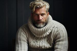 ai généré Pour des hommes saisonnier mode, style vêtements. portrait de une Beau sérieux âge moyen homme dans une chaud tricoté confortable chandail à l'intérieur photo