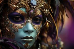 ai généré portrait de une femme avec de fête maquillage avec plumes et une masque à la recherche à caméra. mardi gras carnaval traditionnel mascarade photo