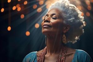 ai généré Foi et religion. portrait de une calme spirituel africain américain Sénior femme avec fermé yeux dans saint lumière à l'intérieur photo