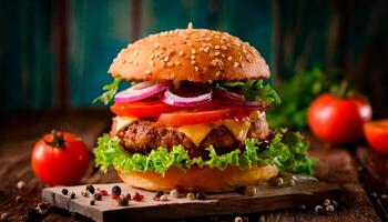 ai généré juteux Burger produit photo, artisan, rustique, nourriture la photographie, délicieux photo