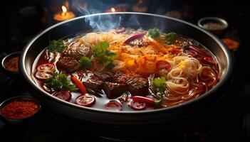 ai généré vue de magnifique délicieux nourriture Viande nouille un barbecue Miam tum menu sur une assiette photo