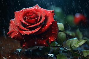 ai généré le beauté de pluie épanouissement rouge des roses photo