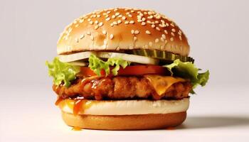 ai généré grillé cheeseburger sur sésame chignon, Frais et mauvais pour la santé casse-croûte généré par ai photo